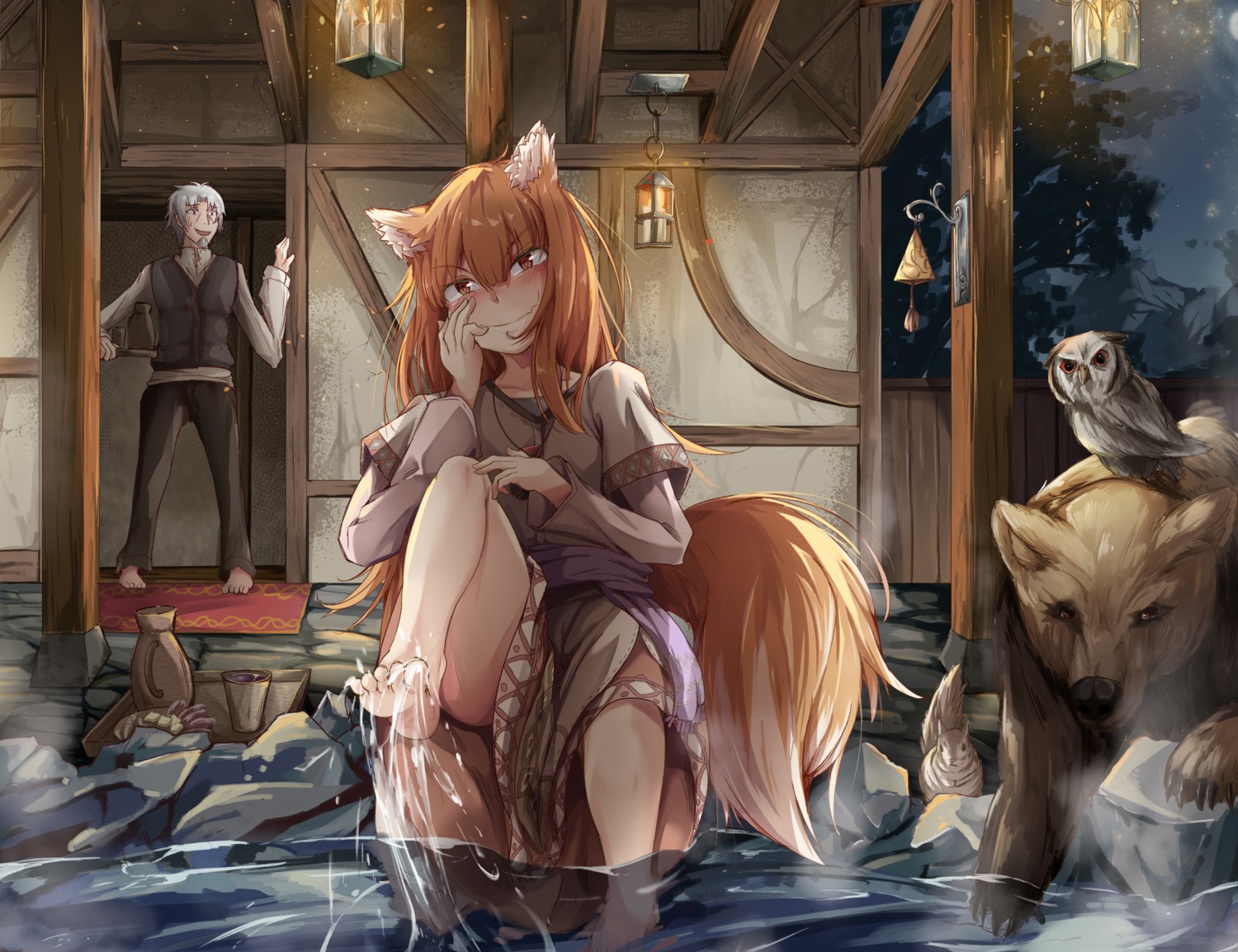 animal_ears craft_lawrence feet holo skirt_lift spice_and_wolf tagme tail wet