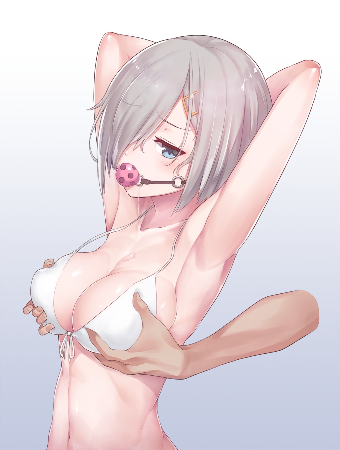 bikini_top breast_grab cleavage hamakaze_(kancolle) kantai_collection konnyaku swimsuits