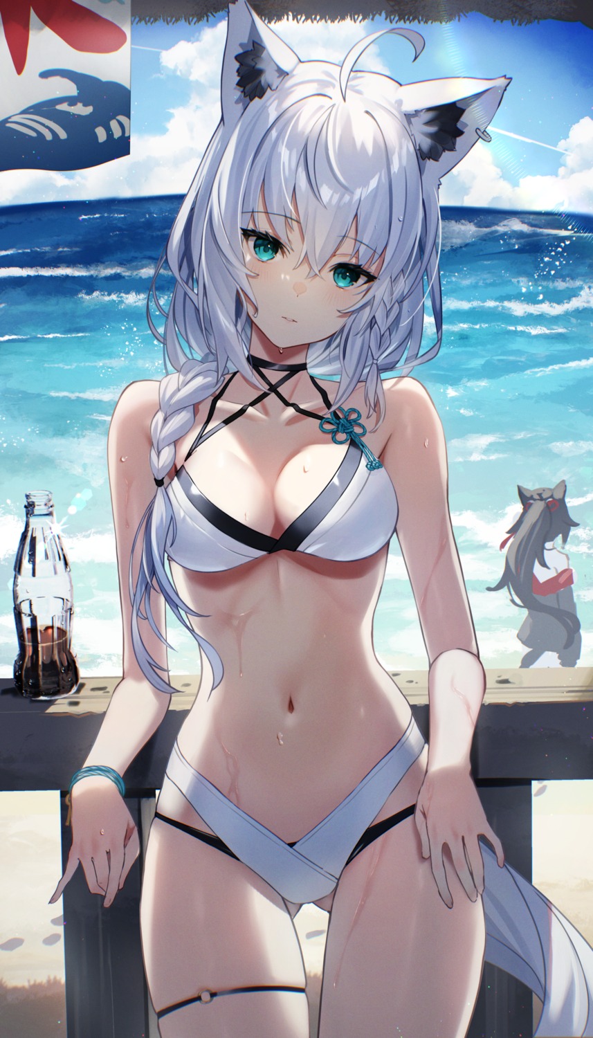 animal_ears bikini garter hololive hololive_gamers kitsune ookami_mio scottie shirakami_fubuki swimsuits tail wet