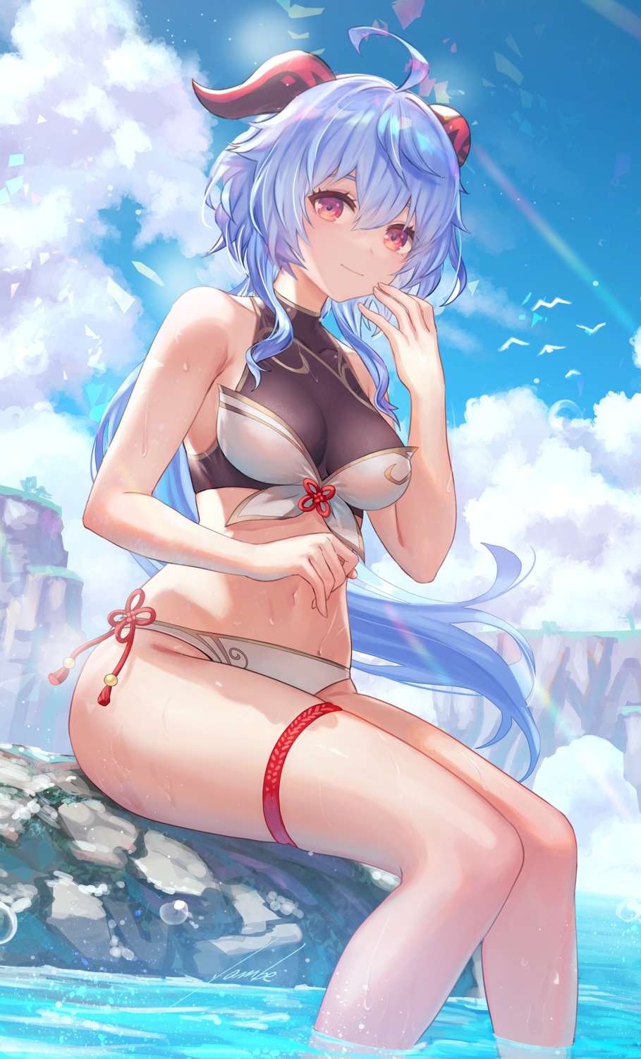 anbe_yoshirou bikini ganyu garter genshin_impact horns swimsuits wet