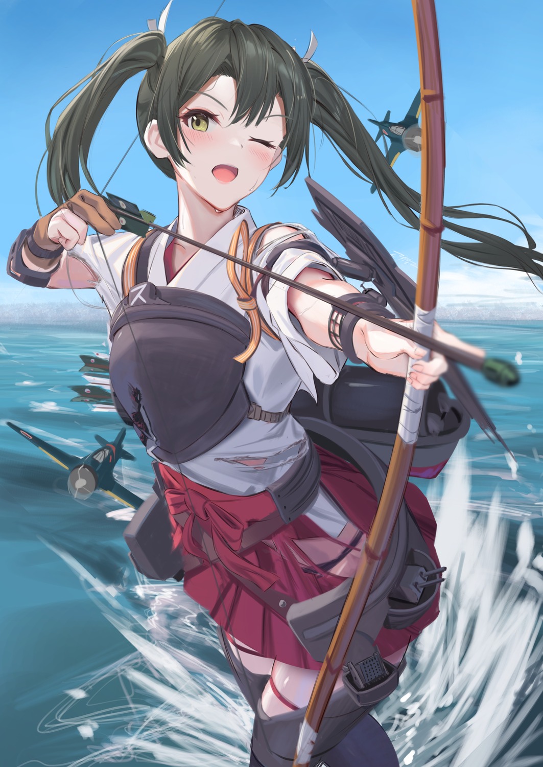 armor garter japanese_clothes kantai_collection kokenashi pantsu thighhighs torn_clothes weapon zuikaku_(kancolle)