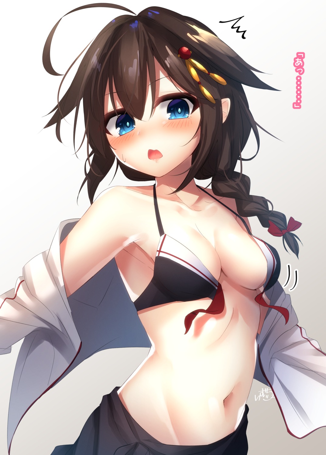 bikini_top cleavage kantai_collection open_shirt ramchi shigure_(kancolle) swimsuits wardrobe_malfunction