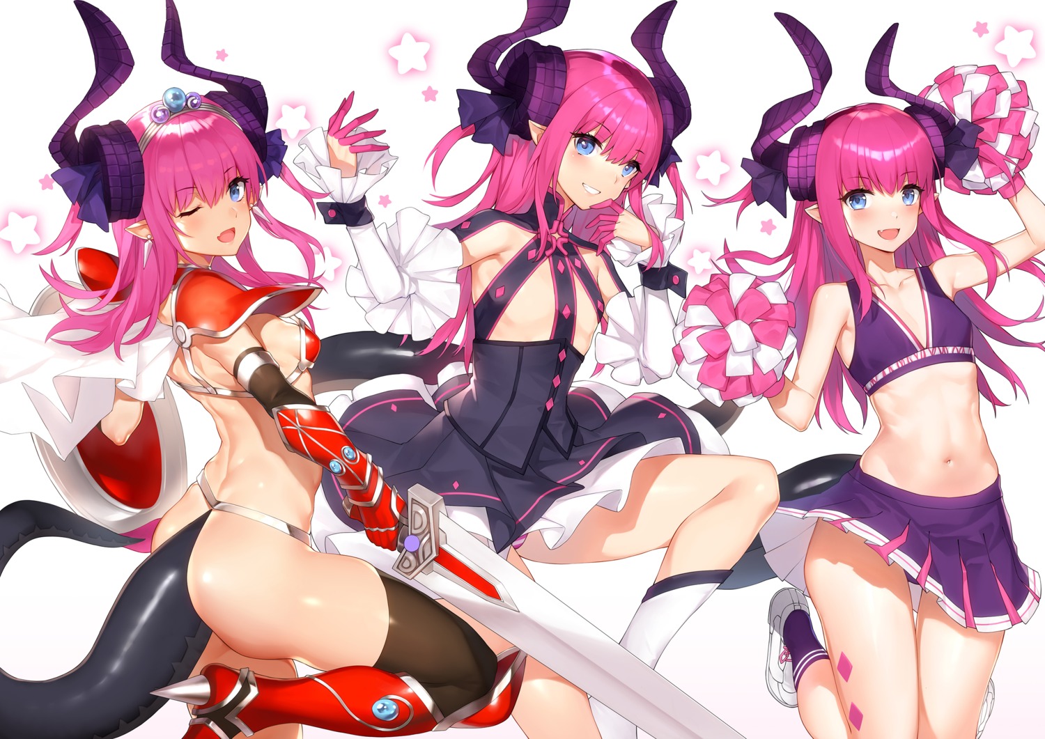 armor ass bikini_armor cheerleader dress elizabeth_bathory elizabeth_bathory_(brave)_(fate) fate/grand_order heels horns no_bra pantsu pointy_ears skirt_lift sword tail thighhighs yykuaixian