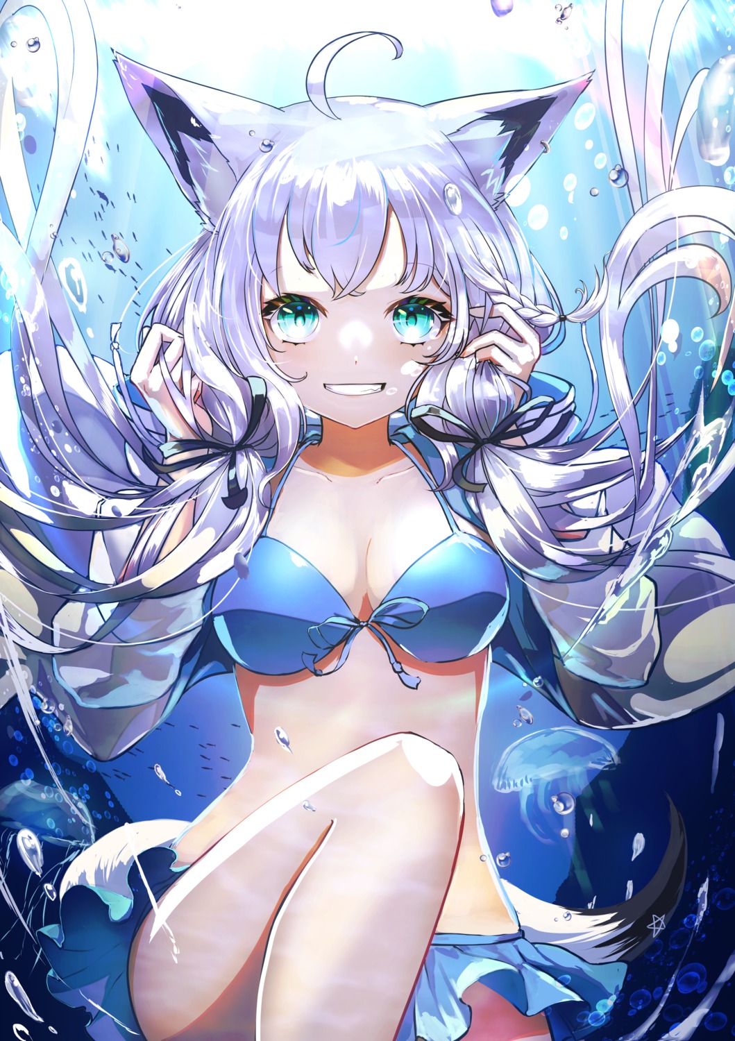 animal_ears bikini cleavage hololive hololive_gamers kitsune namacotan open_shirt shirakami_fubuki swimsuits tail