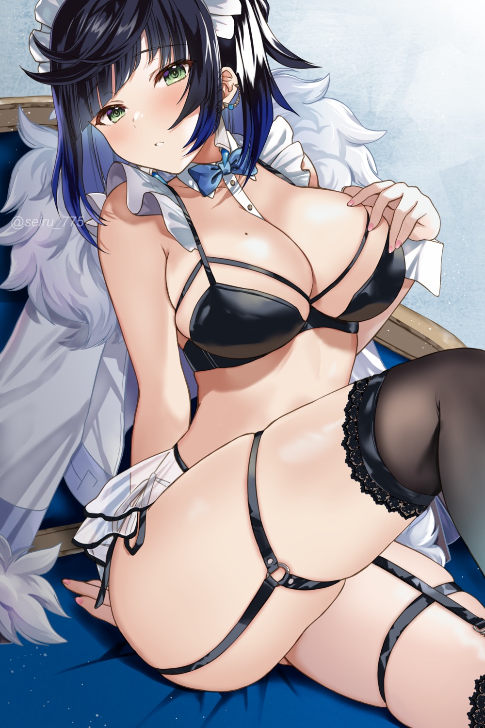 bra breast_hold garter genshin_impact hijiri_ruka maid pantsu see_through stockings string_panties thighhighs yelan