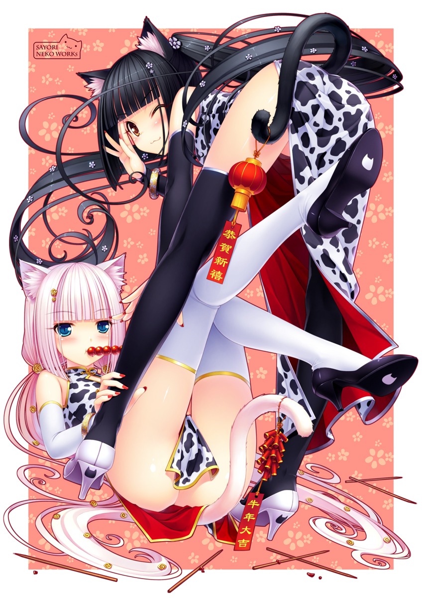 animal_ears chinadress chocola nekomimi nekopara nopan sayori tail thighhighs vanilla