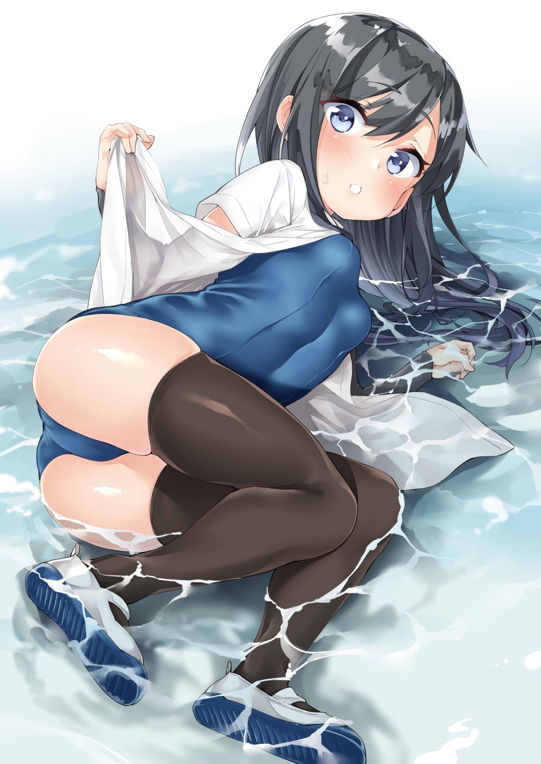 asashio_(kancolle) ebifurya kantai_collection open_shirt school_swimsuit seifuku swimsuits thighhighs wet