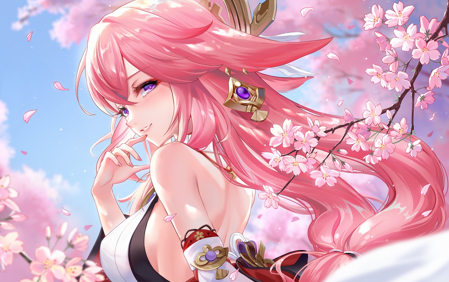 animal_ears genshin_impact japanese_clothes kitsune lalazyt no_bra yae_miko