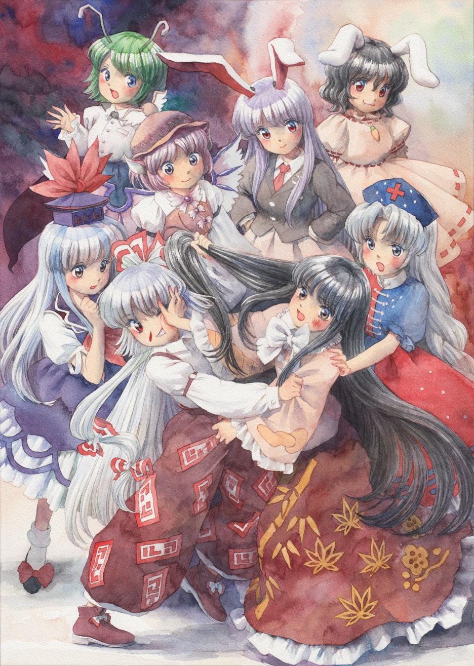 animal_ears bunny_ears dress fujiwara_no_mokou houraisan_kaguya inaba_tewi kamishirasawa_keine misawa_hiroshi mystia_lorelei reisen_udongein_inaba touhou wings wriggle_nightbug yagokoro_eirin