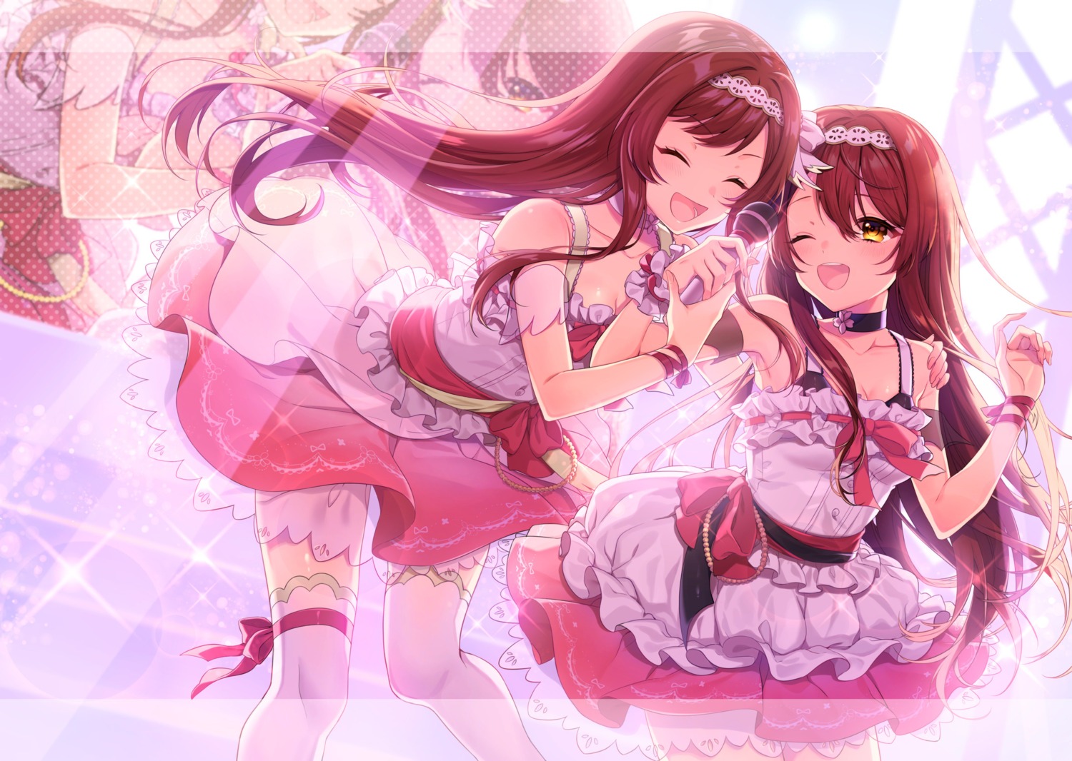 cleavage oosaki_amana oosaki_tenka see_through skirt_lift the_idolm@ster the_idolm@ster_shiny_colors thighhighs usano