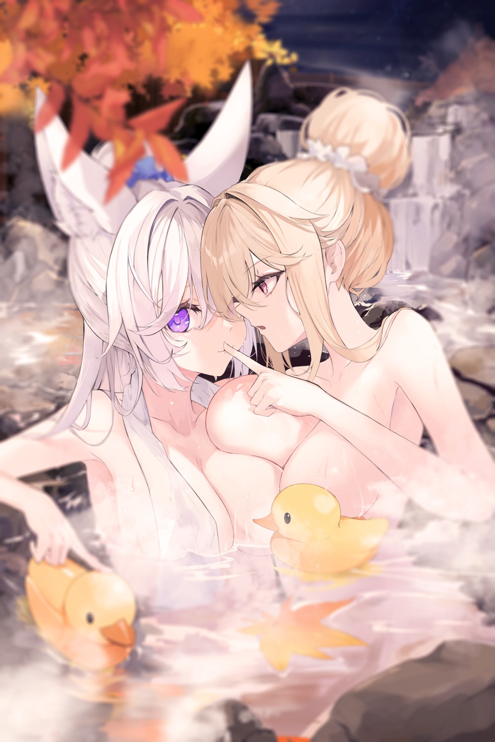 animal_ears bathing cream_(cream) kooemong naked onsen towel wet yuri