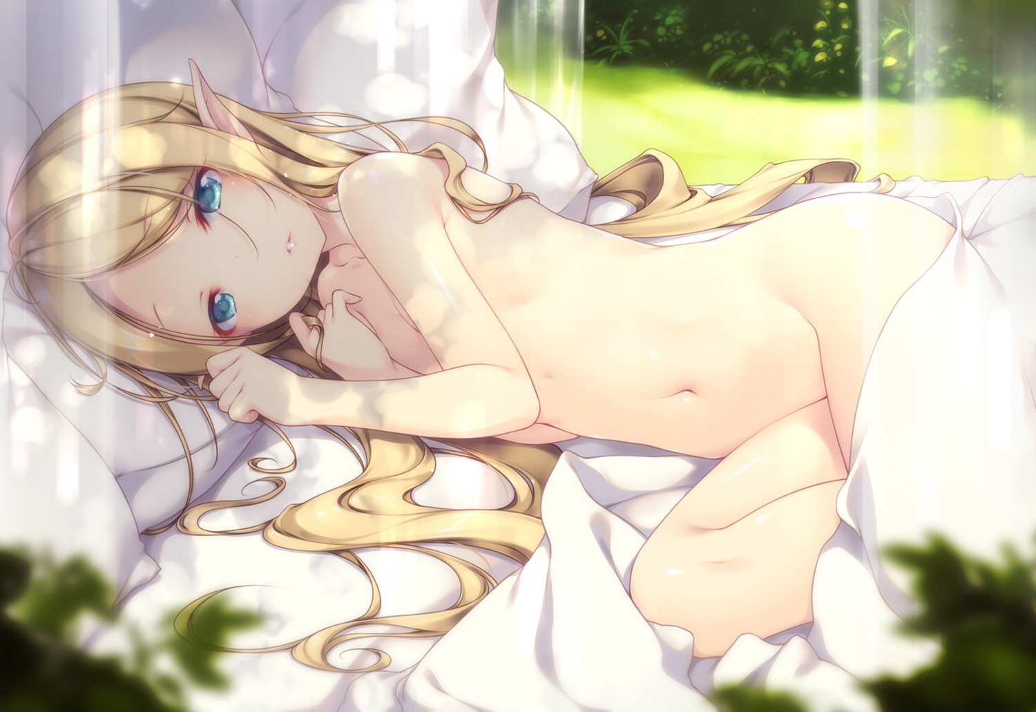 breast_hold elf loli mogu naked pointy_ears sheets