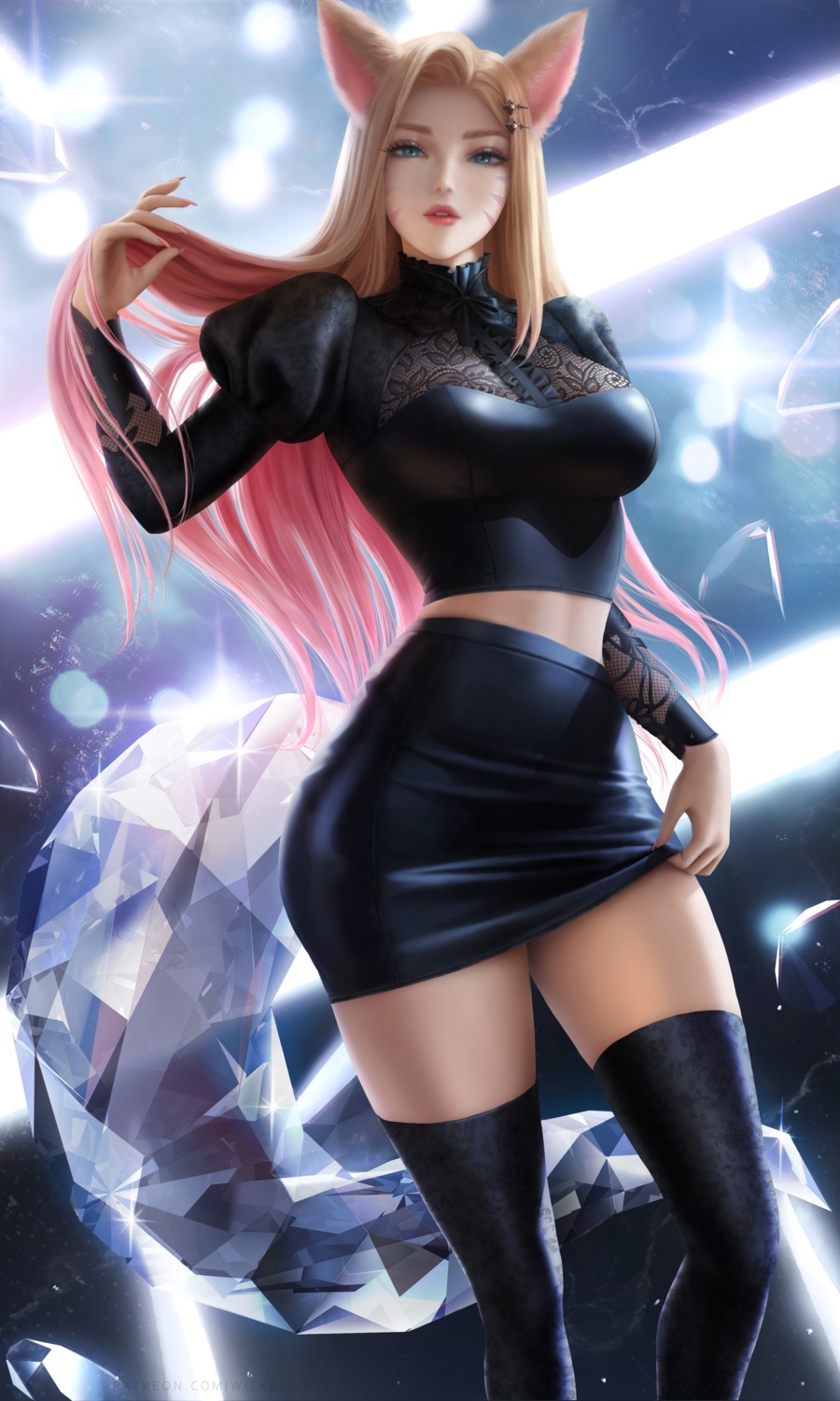 ahri animal_ears kitsune league_of_legends tail tattoo thighhighs wickellia