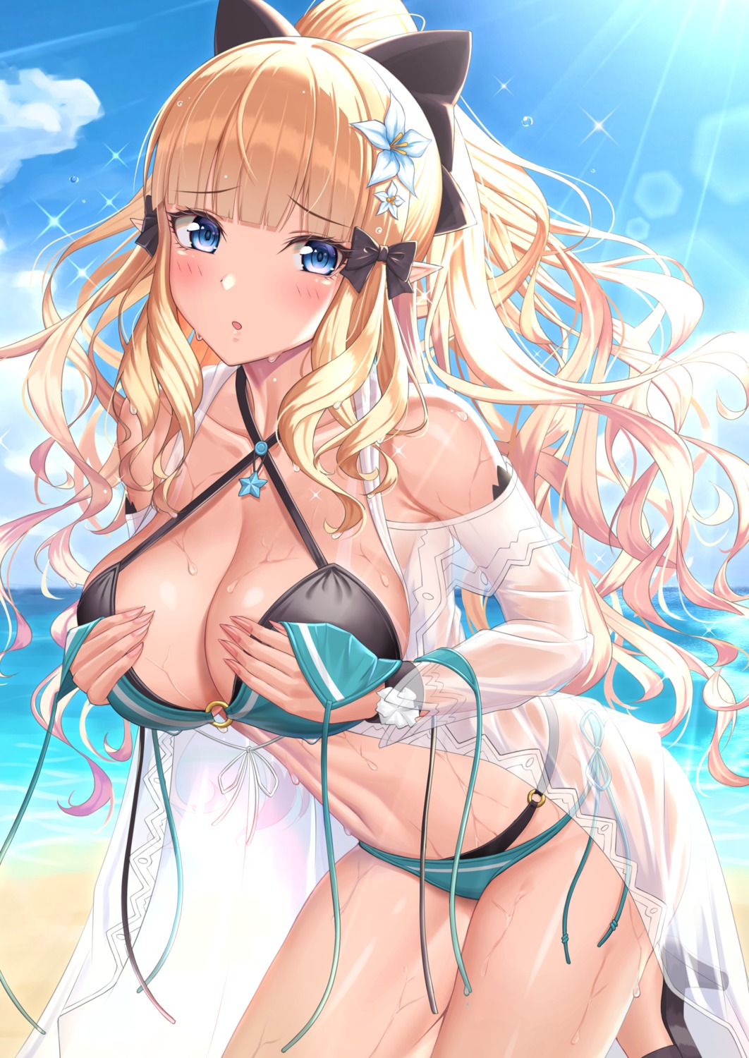 bikini breast_hold cleavage heels nemunemu_semi open_shirt pointy_ears princess_connect princess_connect!_re:dive sasaki_saren see_through swimsuits wet