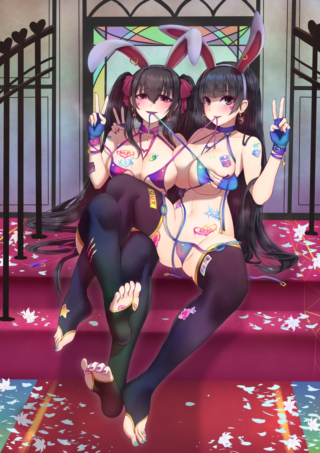 animal_ears bikini breast_hold bunny_ears cameltoe feet girls_frontline popoman qbz-95_(girls_frontline) qbz-97_(girls_frontline) swimsuits tattoo thighhighs thong undressing