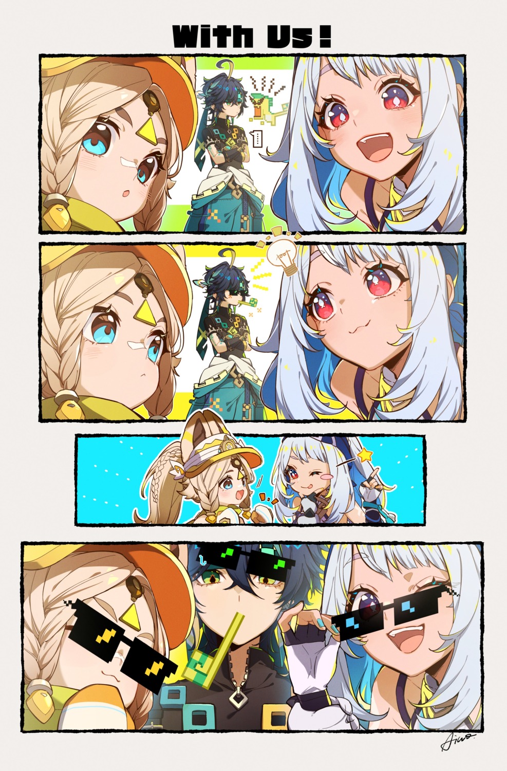 4koma aiwo_o_lite ajaw animal_ears genshin_impact kachina kinich megane mualani tattoo