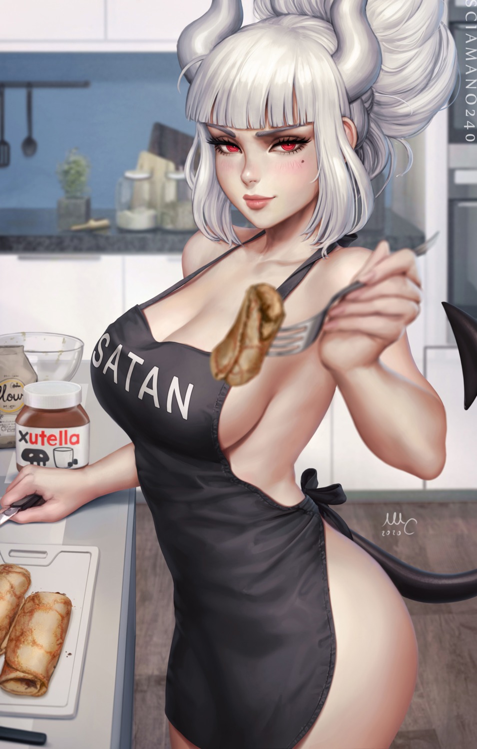 devil helltaker horns lucifer_(helltaker) mirco_cabbia naked_apron tail