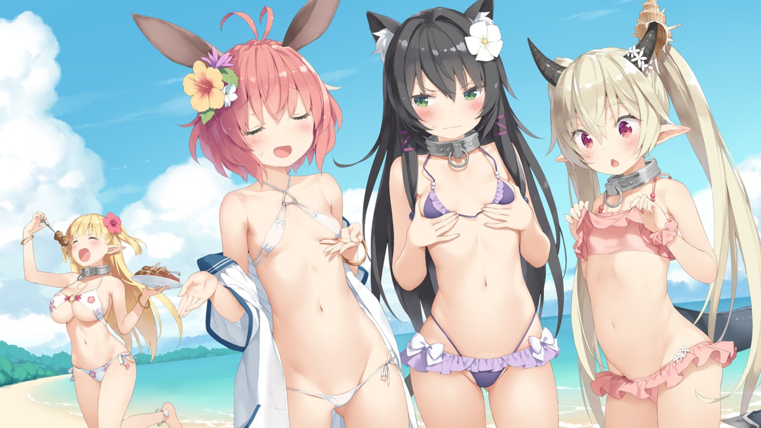 animal_ears bikini breast_hold bunny_ears elf horns isekai_maou_to_shoukan_shoujo_no_dorei_majutsu kani_biimu krebskrum loli nekomimi open_shirt panty_pull pointy_ears rem_galleu seifuku shera_l._greenwood shirt_lift swimsuits sylvie_(isekai_maou_to_shoukan_shoujo_no_dorei_majutsu) tail wallpaper