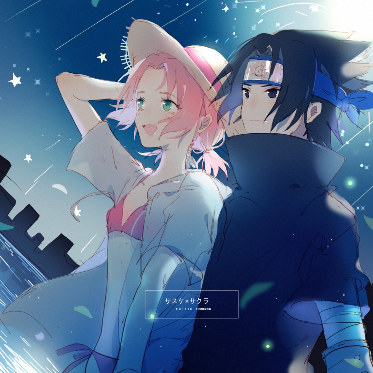 bandages bikini haruno_sakura naruto open_shirt swimsuits uchiha_sasuke uri_(513321347)