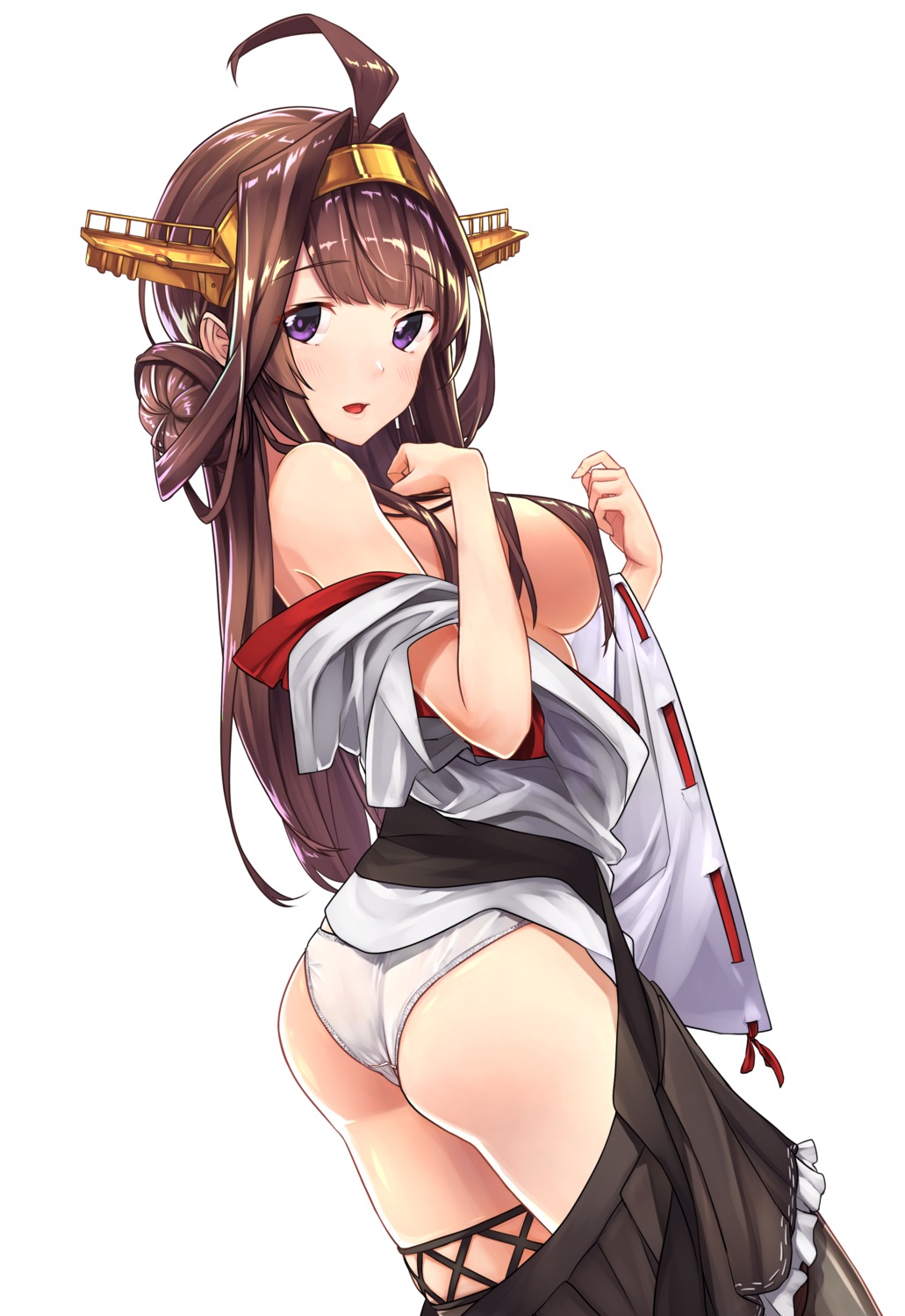 ass baffu breasts japanese_clothes kantai_collection kongou_(kancolle) no_bra open_shirt pantsu thighhighs undressing