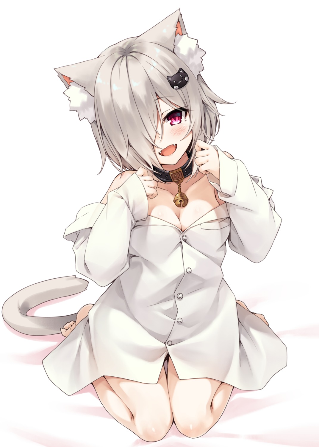 animal_ears cleavage dress_shirt hasumi_(hasubatake39) nekomimi no_bra open_shirt tail