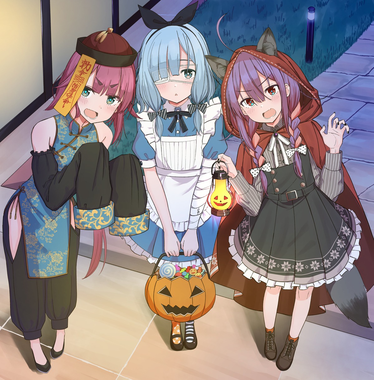 aimoto_asahi_(urushiushiru) animal_ears asian_clothes bandages eyepatch halloween iroha_nanairo_(urushiushiru) makuno_suzu_(urushiushiru) tail urushiushiru