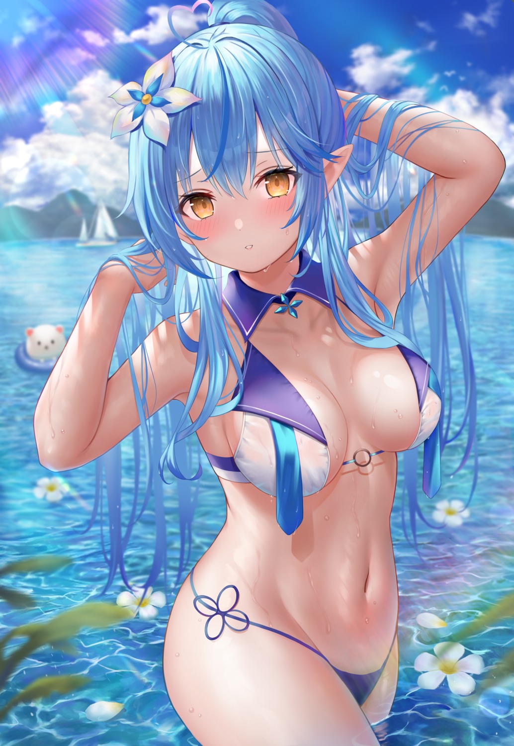 artist_revision bikini ebifurai_(r3mpuami) elf hololive pointy_ears see_through swimsuits wet yukihana_lamy