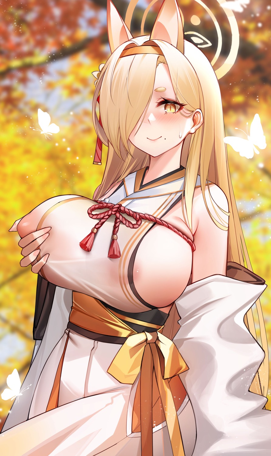 animal_ears areola blue_archive breast_grab halo japanese_clothes kitsune kuwakami_kaho mcic0 no_bra see_through