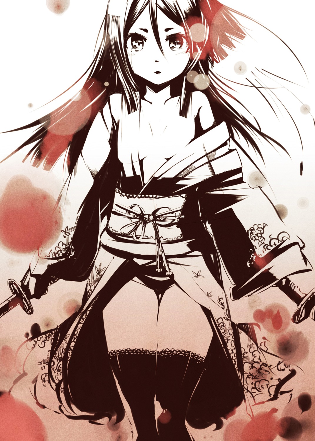 kimono monochrome no_bra open_shirt pomon_illust sword thighhighs