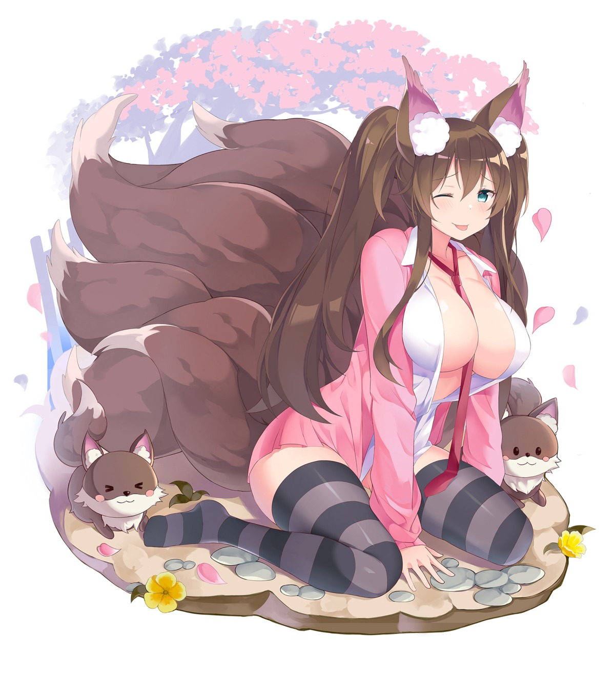 animal_ears breasts kitsune mahoujo no_bra open_shirt plushmallow seifuku tail thighhighs