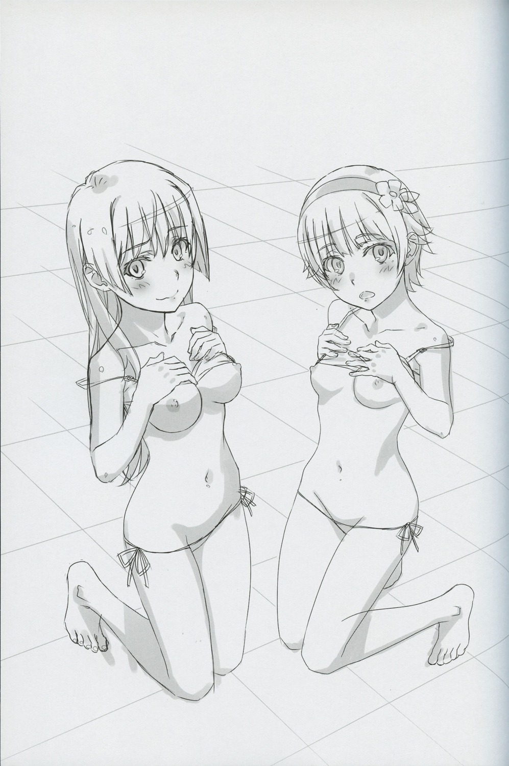 bra breast_hold breasts monochrome nipples pantsu panty_pull saten_ruiko sketch string_panties tanaka_yuuichi to_aru_kagaku_no_railgun to_aru_majutsu_no_index uiharu_kazari