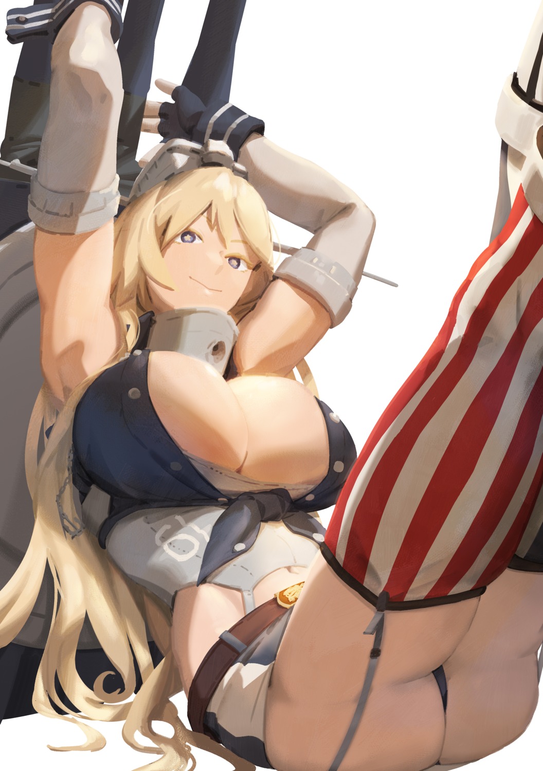 iowa_(kancolle) kantai_collection no_bra open_shirt pantsu skirt_lift stockings thighhighs thong ye_fan