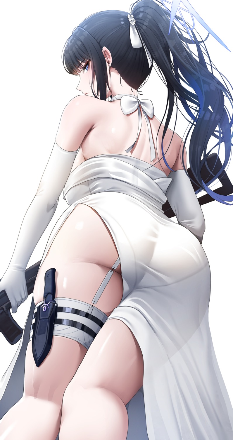 ass blue_archive doyoon_7 dress garter gun halo joumae_saori no_bra pantsu see_through weapon