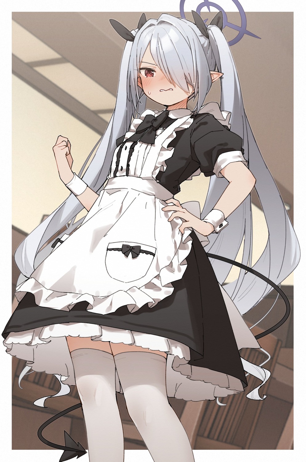 blue_archive devil halo kusaka_shi maid pointy_ears shiromi_iori tail thighhighs