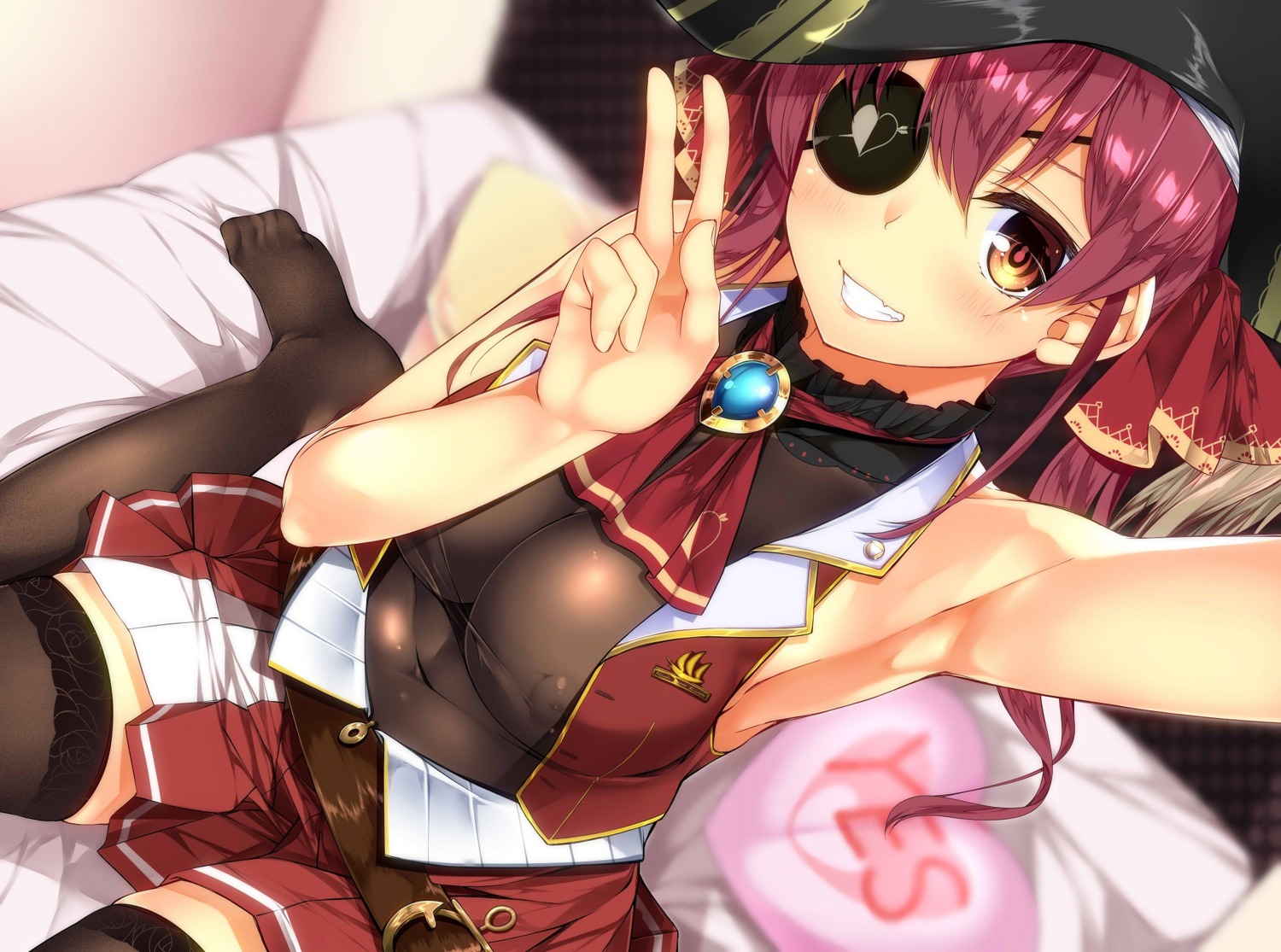 erect_nipples eyepatch hololive houshou_marine no_bra pirate thighhighs tries_toriaezu