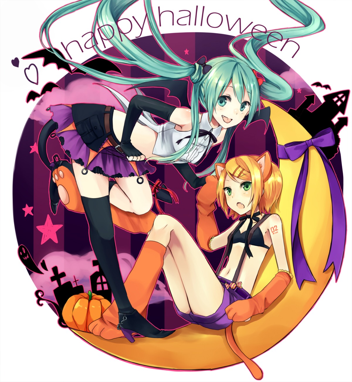 animal_ears bikini_top bra halloween hatsune_miku kagamine_rin swimsuits tail thighhighs vocaloid wadaka