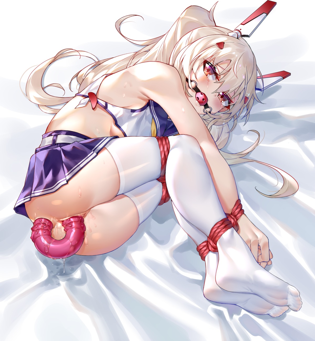 anal ayanami_(azur_lane) azur_lane bondage dildo feet ginklaga no_bra nopan pussy pussy_juice seifuku skirt_lift thighhighs underboob