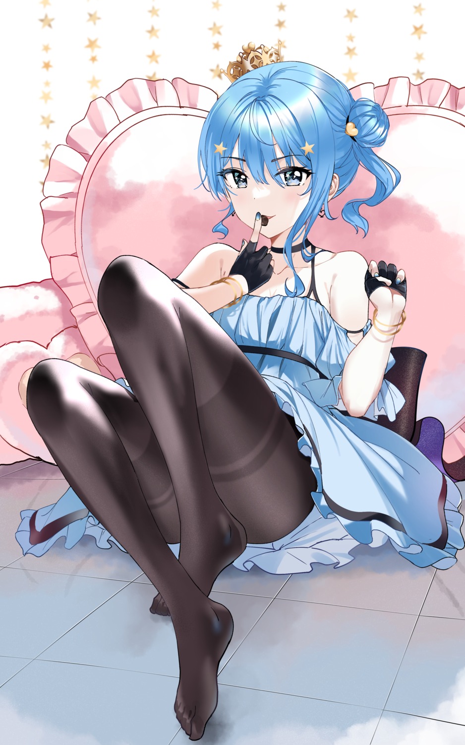 cleavage dress feet hololive hoshimachi_suisei nonbire pantyhose skirt_lift