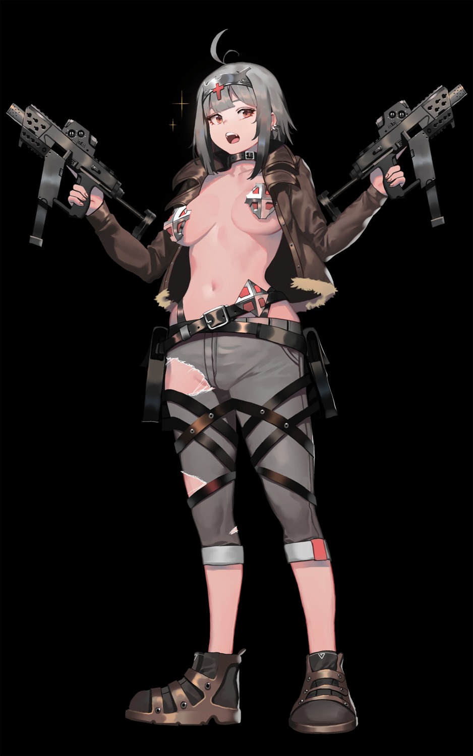 breasts gun ihobus no_bra open_shirt pasties torn_clothes