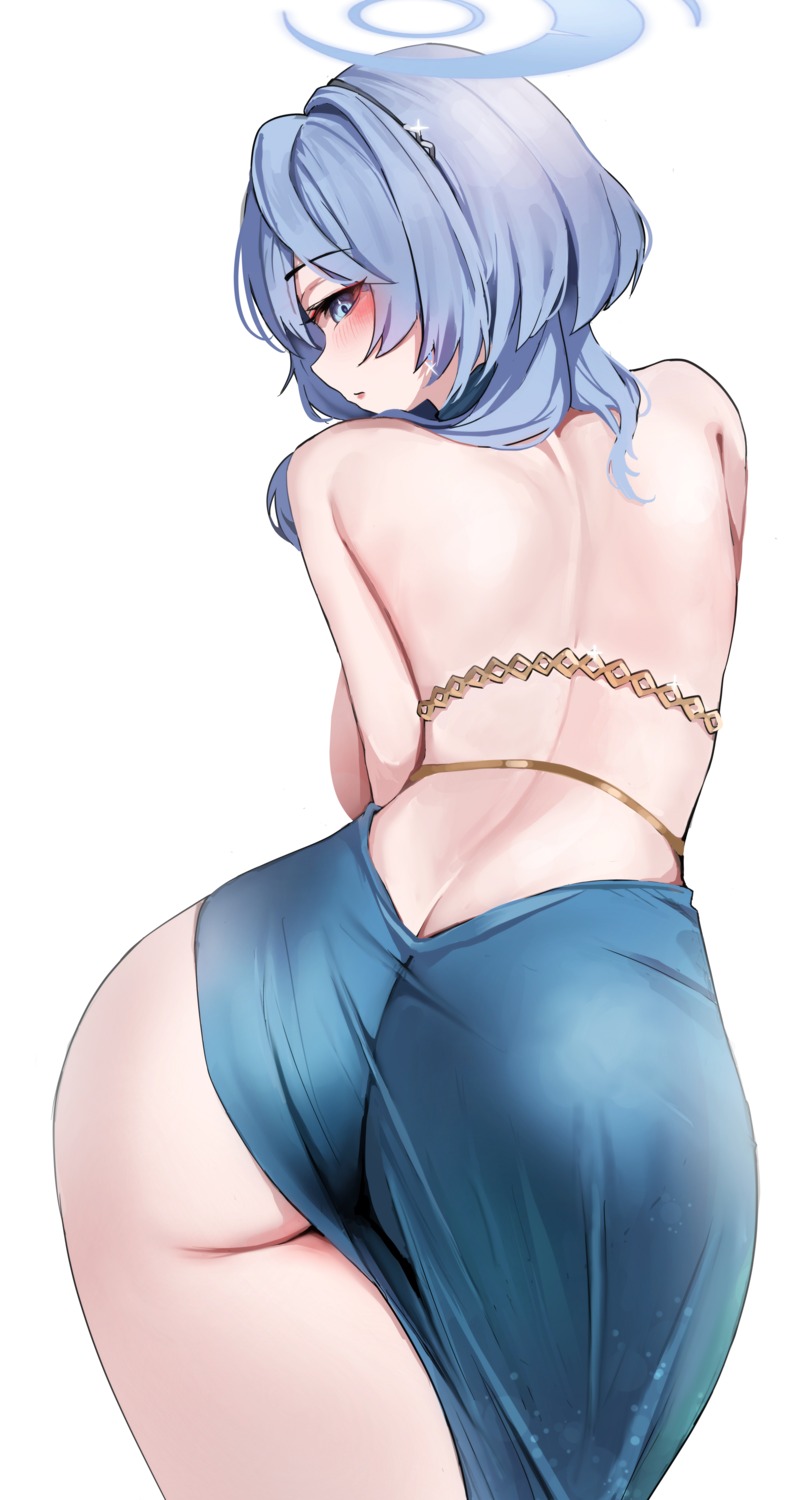 amau_ako ass blue_archive dress fluffyebi01 halo no_bra nopan