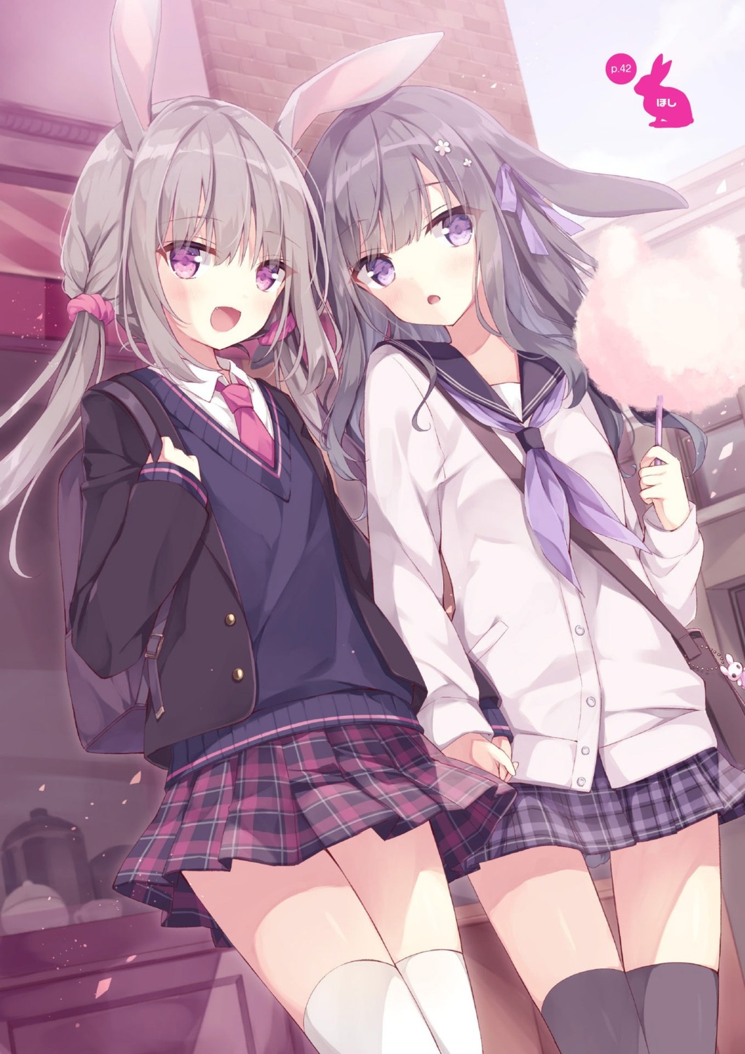 animal_ears bunny_ears hoshi seifuku sweater thighhighs yuri