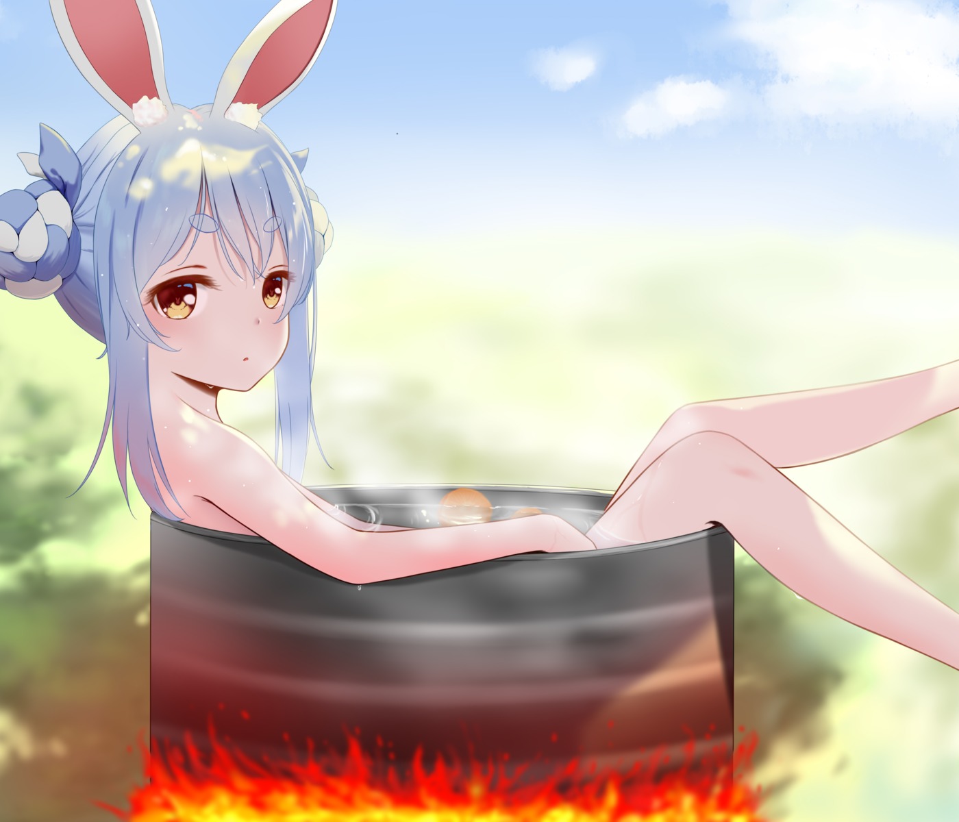 animal_ears bathing bunny_ears hololive kakokyuu_hiffuu loli naked usada_pekora wet