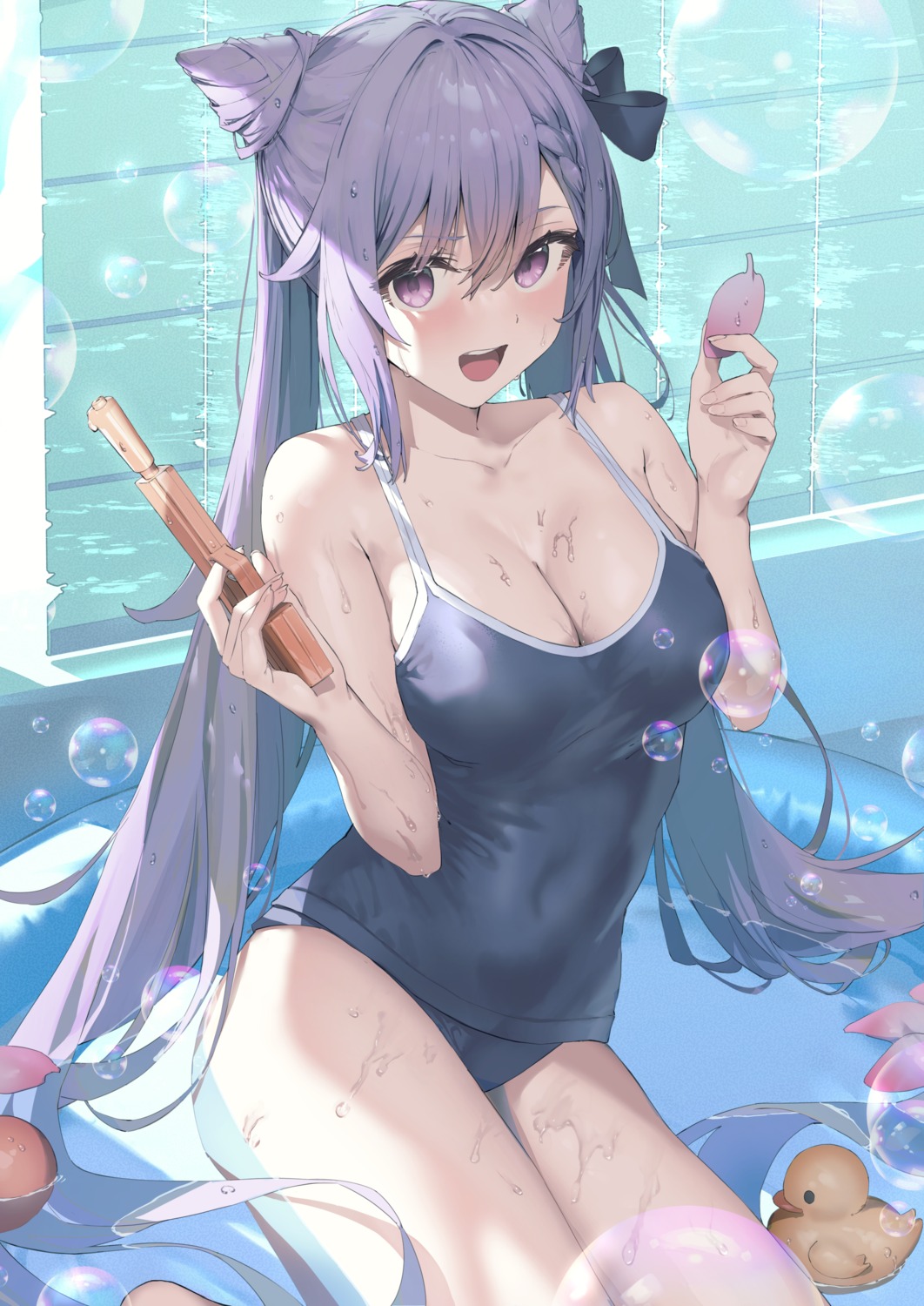 genshin_impact gun keqing school_swimsuit swimsuits wet xkirara39x