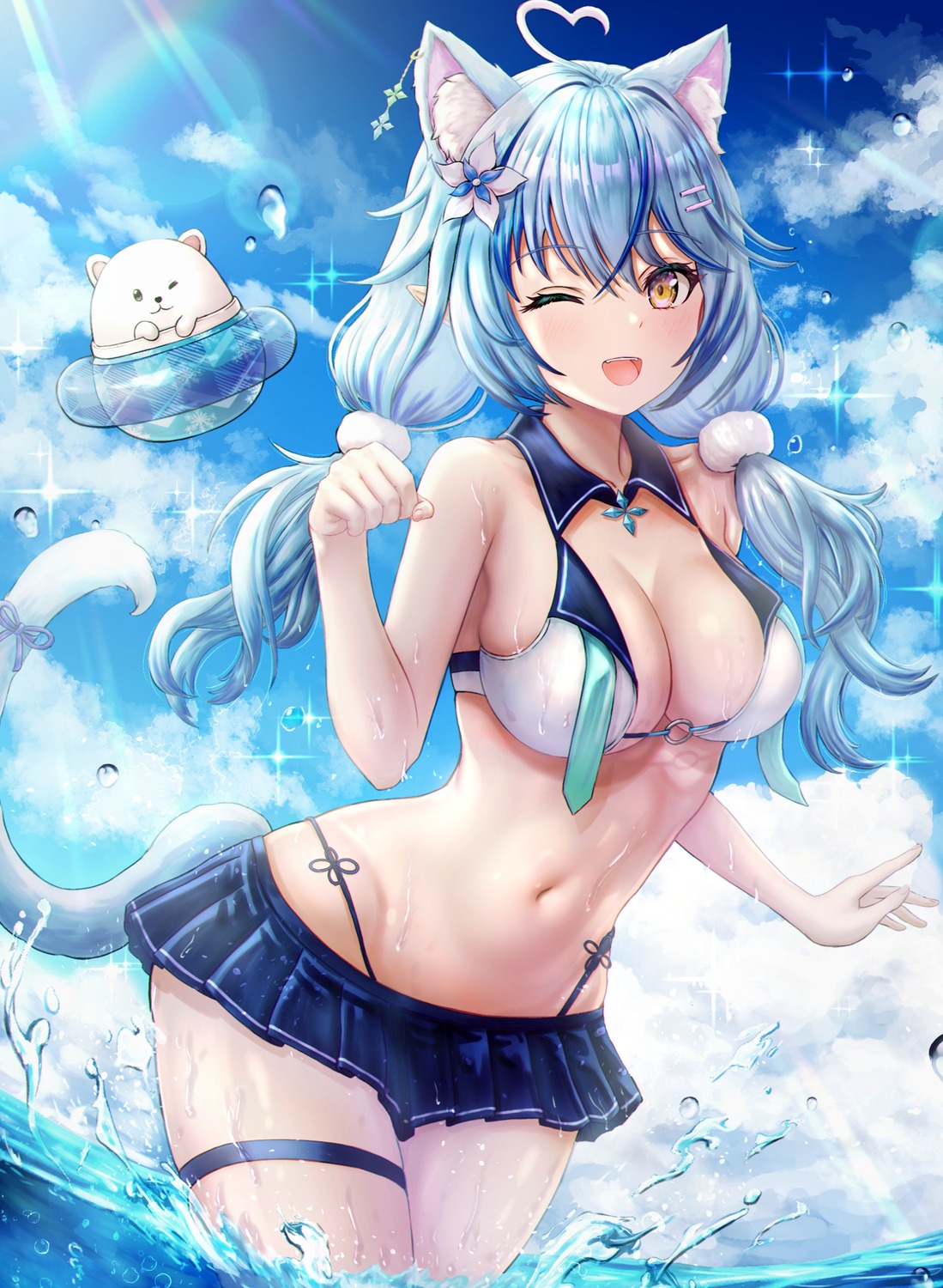 animal_ears artist_revision bikini elf garter hololive nekomimi pointy_ears swimsuits tail wajuniorbox wet yukihana_lamy