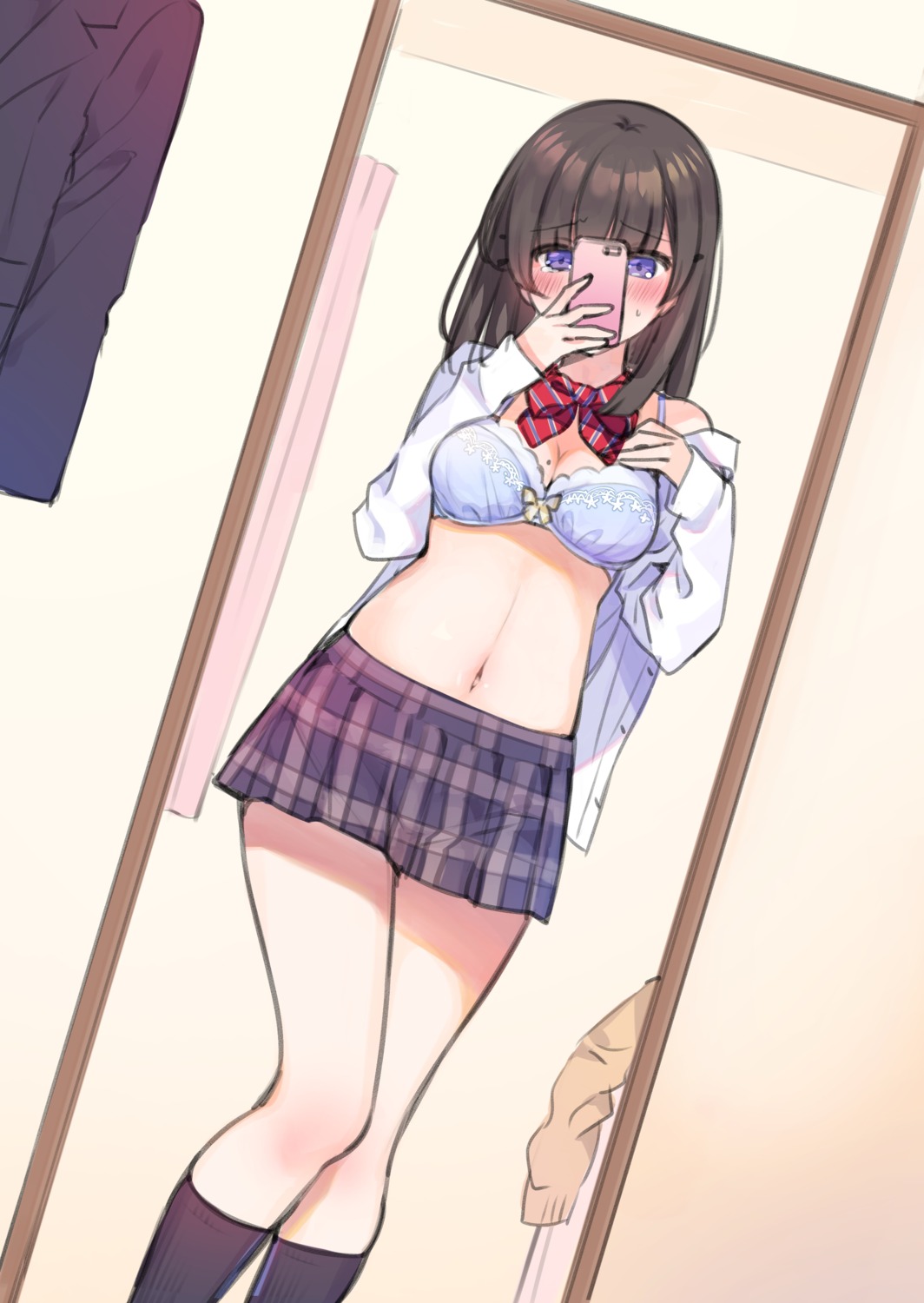 bra cleavage mankai_kaika open_shirt seifuku selfie