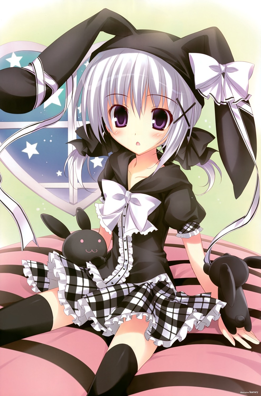 animal_ears bunny_ears karory seifuku skirt_lift thighhighs