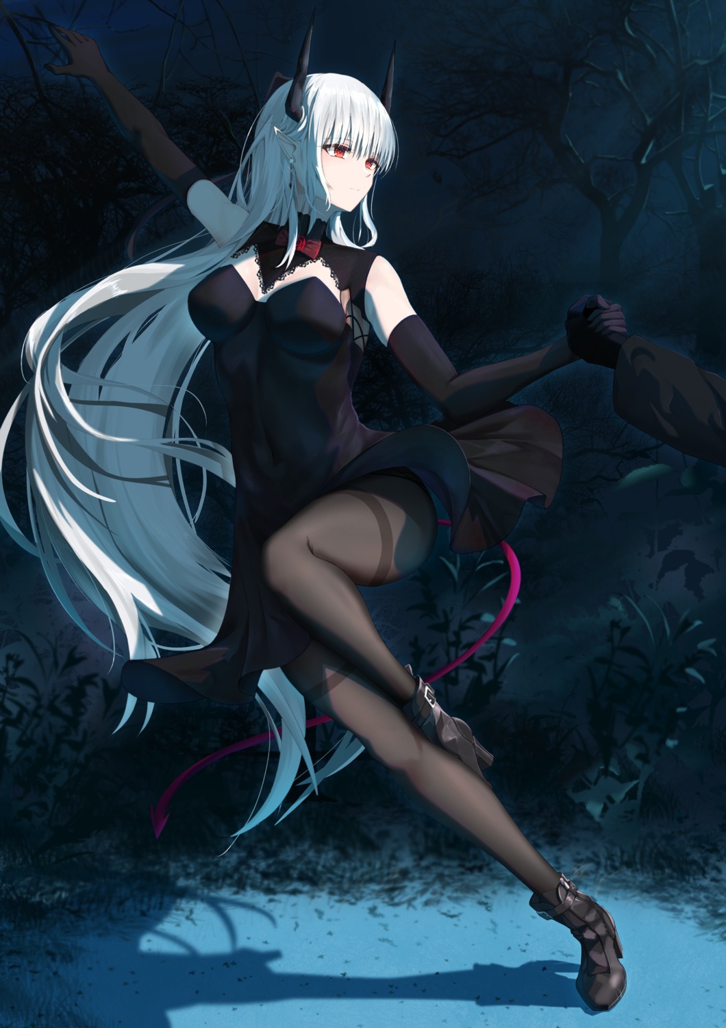 arknights calvaires chained_sarkaz_girl dress heels horns no_bra pantyhose pointy_ears skirt_lift tail
