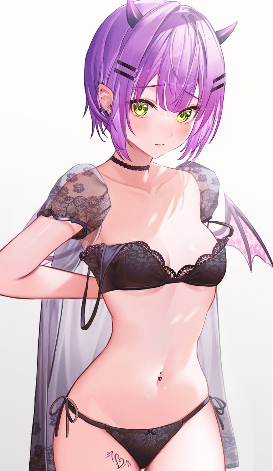 bra hololive horns pantsu pointy_ears sanada_keisui see_through string_panties tattoo tokoyami_towa undressing wings