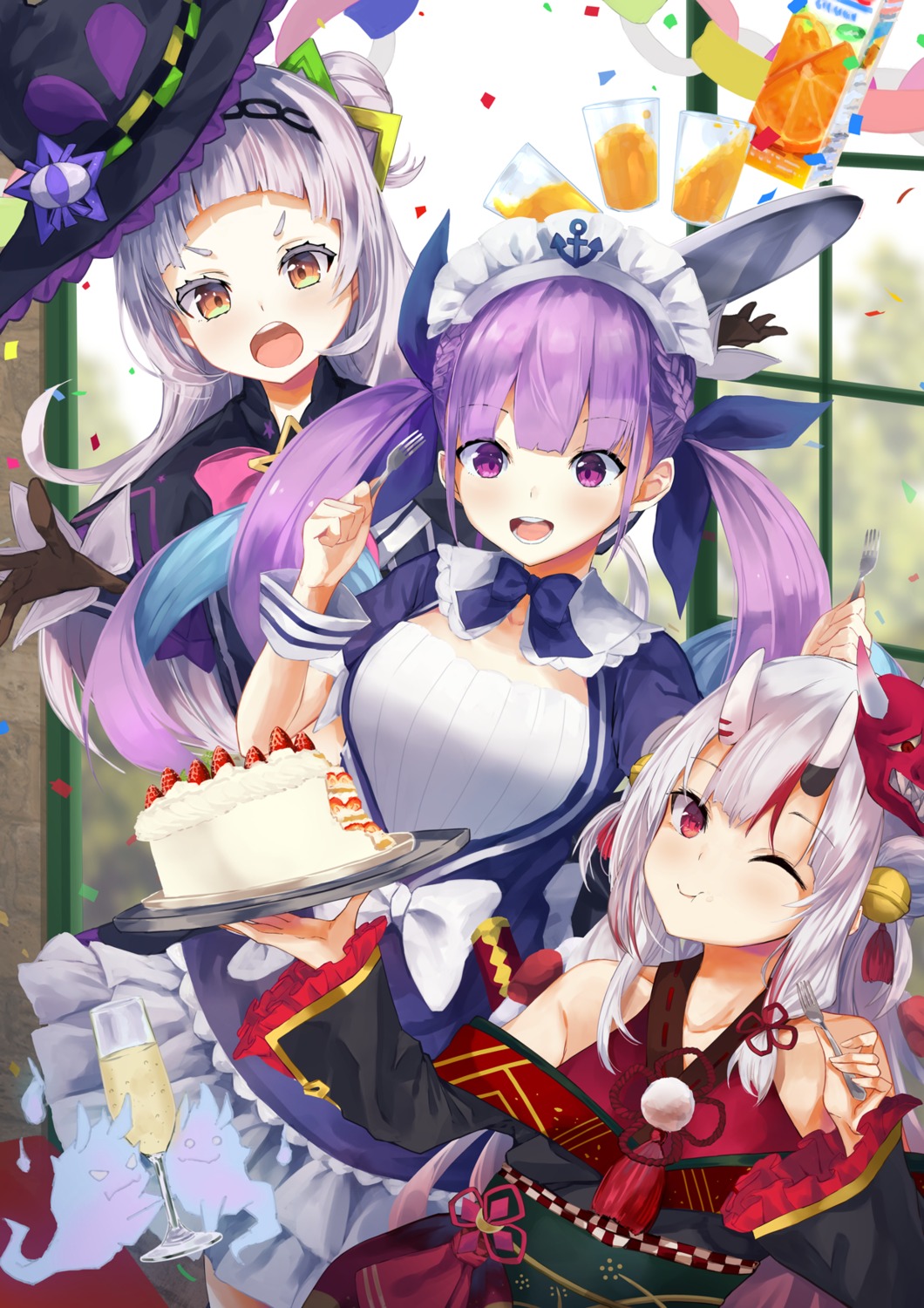 hololive horns japanese_clothes konkito maid minato_aqua murasaki_shion nakiri_ayame witch