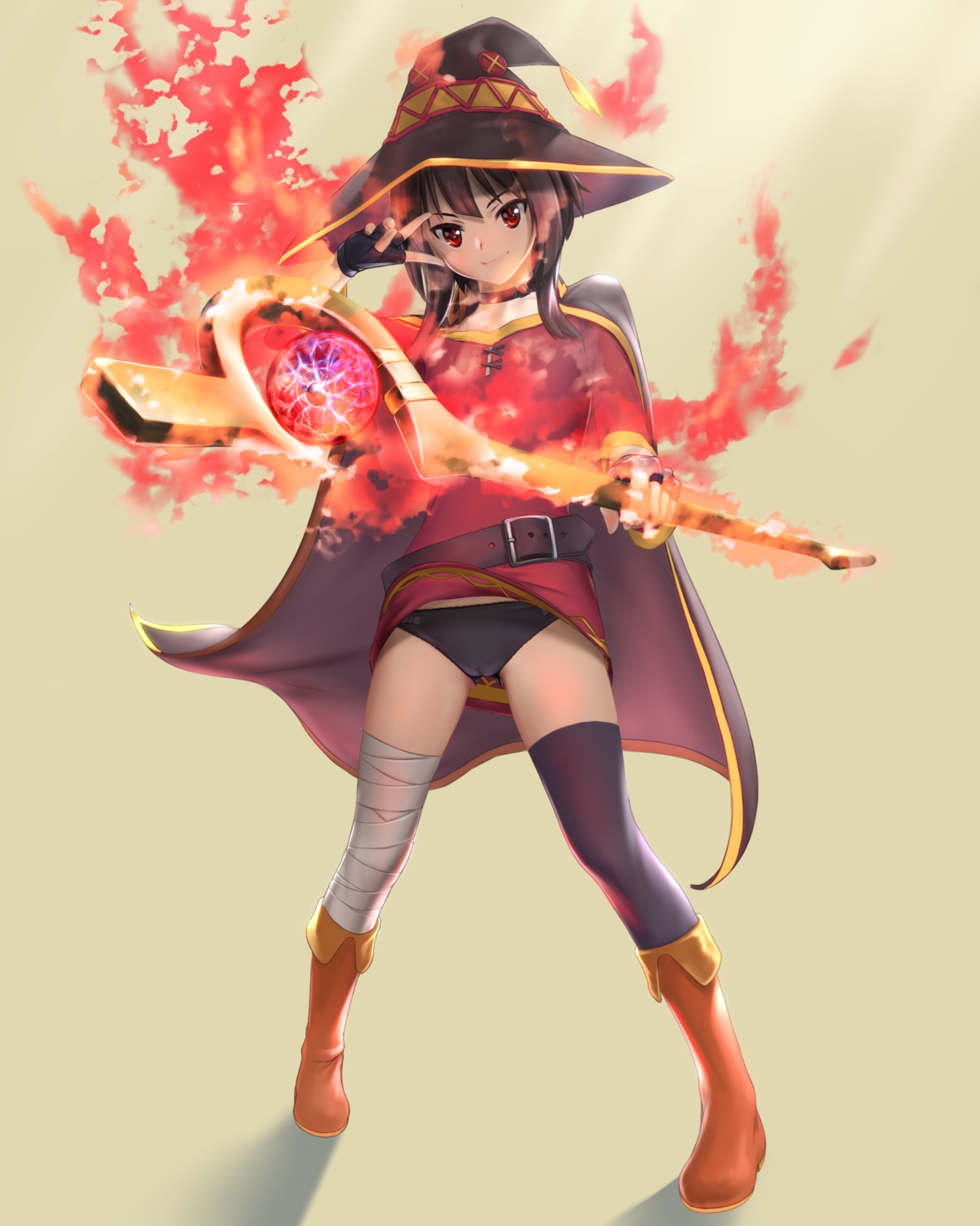 bandages cameltoe dress kono_subarashii_sekai_ni_shukufuku_wo! megumin pantsu shisshou_senkoku skirt_lift thighhighs weapon witch